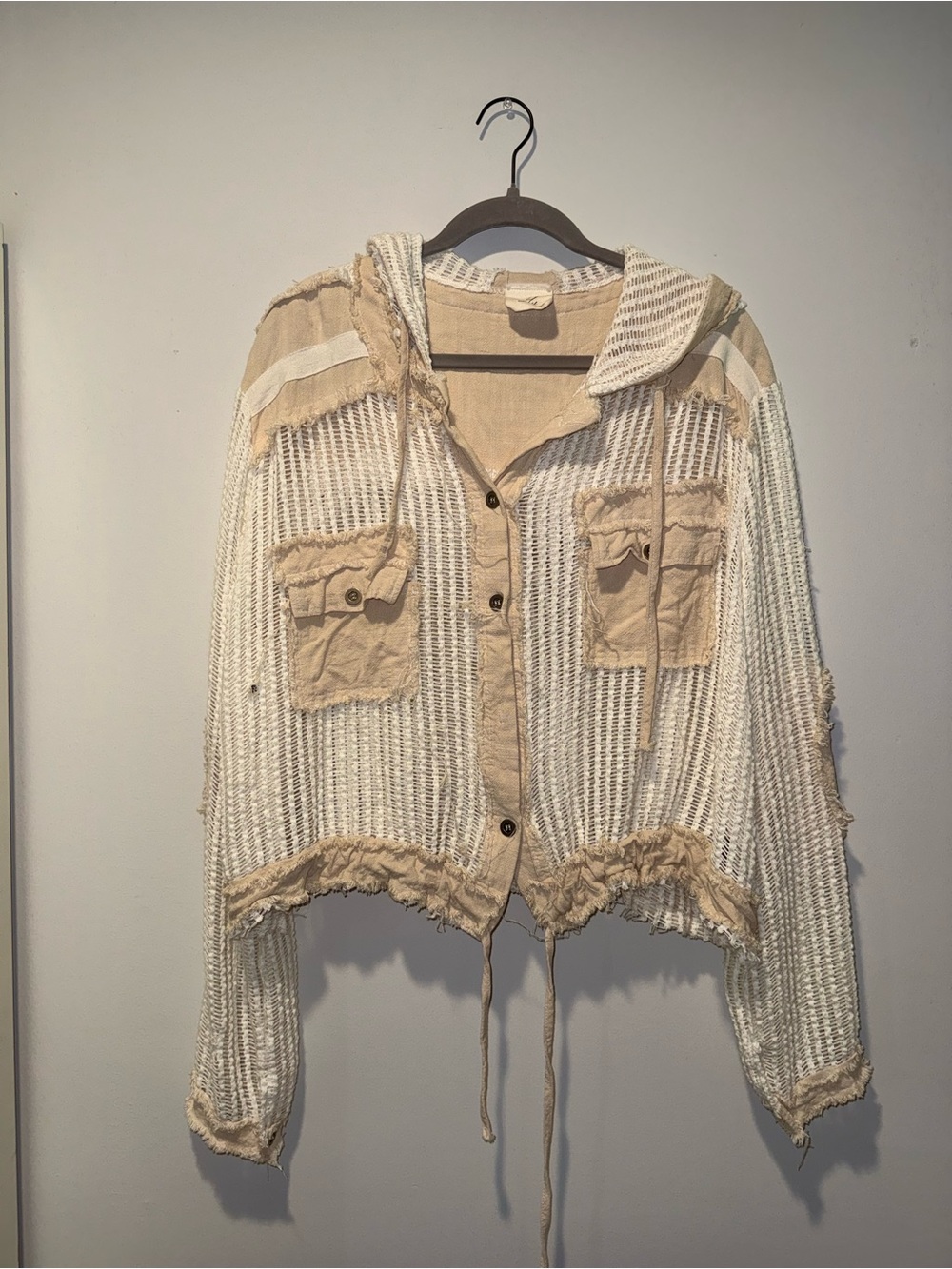 Women's Hooded Knit Utility Jacket in Cream & Beige